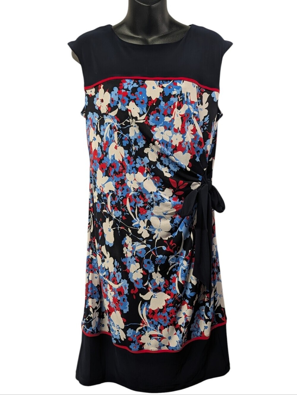 R&K Size M Navy Floral Print Sleeveless Colorblock Tie Waist Dress Stretch